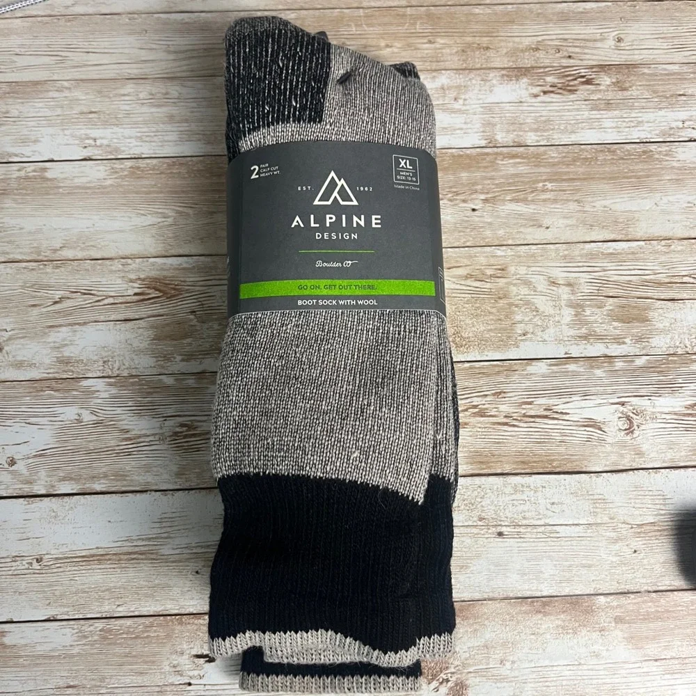 Alpine Design Men's XL Boot Sock Wool Blend Heavyweight Black Beige 2 Pair